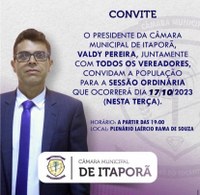 Câmara Municipal de Itapoã convida a população para participar das Sessões Ordinárias de outubro